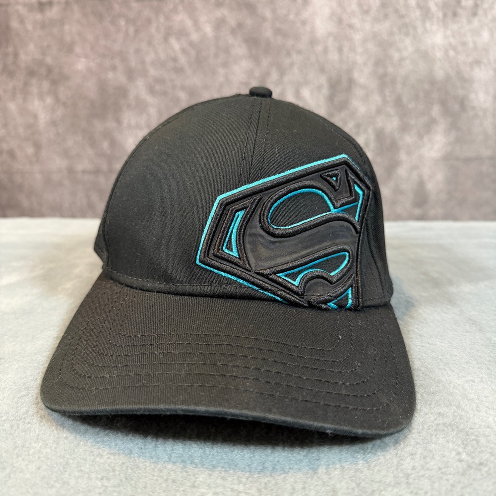 Superman DC Comics Black Baseball Cap Teal Embroidered Shield Logo Flex Fit Hat